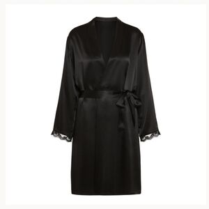 Simone Perele Small/ Medium Black Satin Robe with Lace Trim